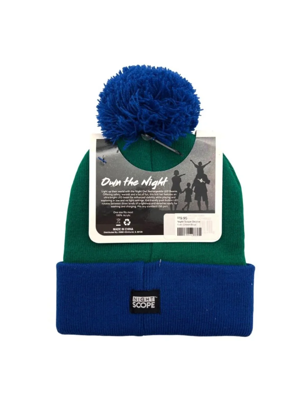 Night Owl Kids Rechargeable LED Beanie Hat Green & Blue With USB Charging Port